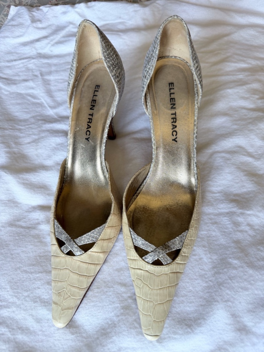 Ellen Tracy Cream Croc-Embossed Pointed D'Orsay Heels with Silver Accents